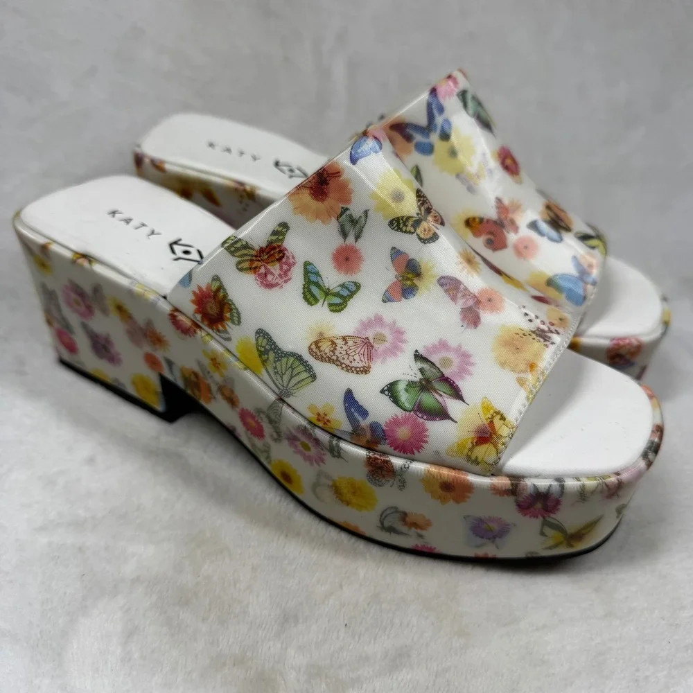 Katy Perry The Busy Bee Slide White Butterfly Floral Platform Sandals 6.5M